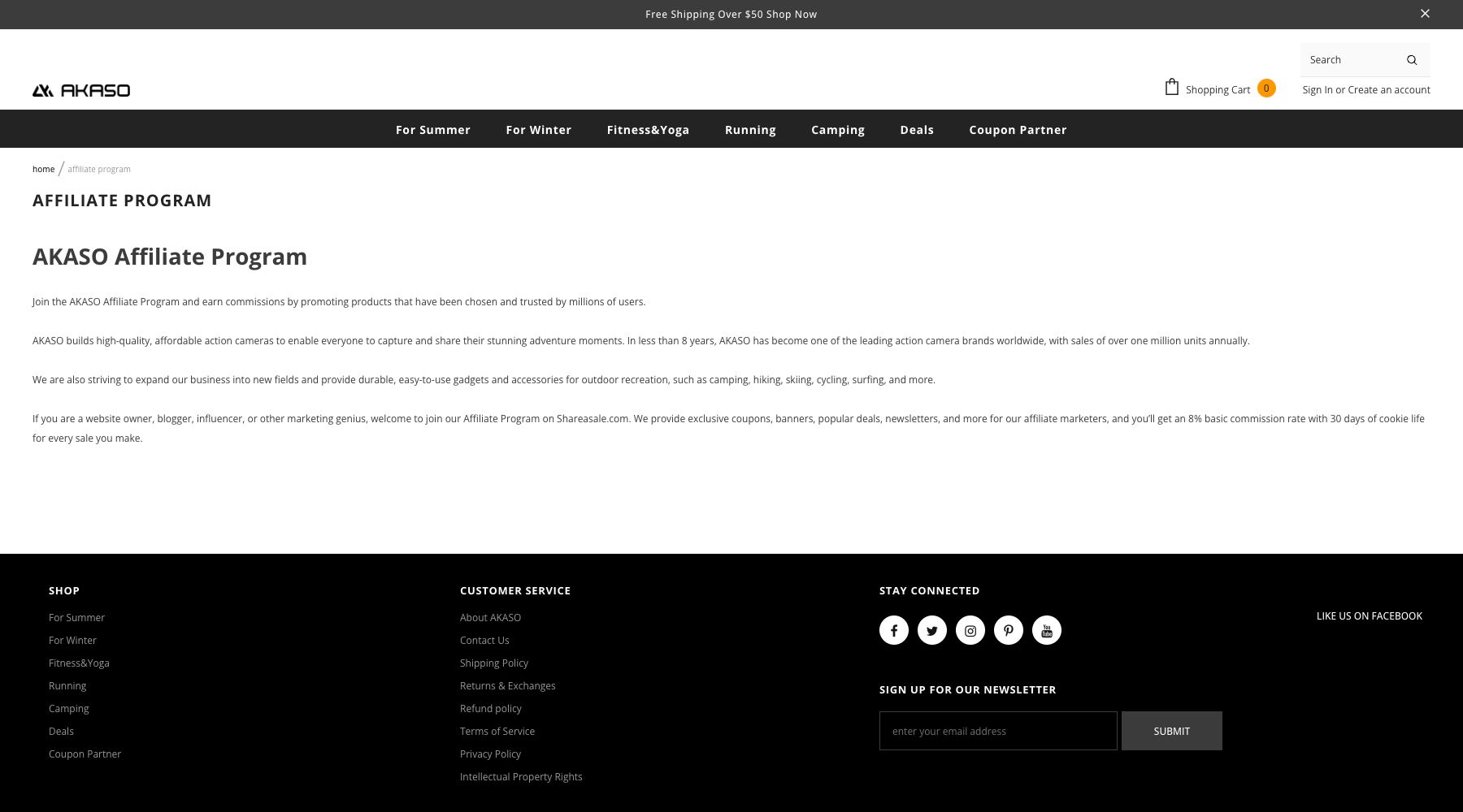 AKASO Outdoors official affiliate program page describing publisher support