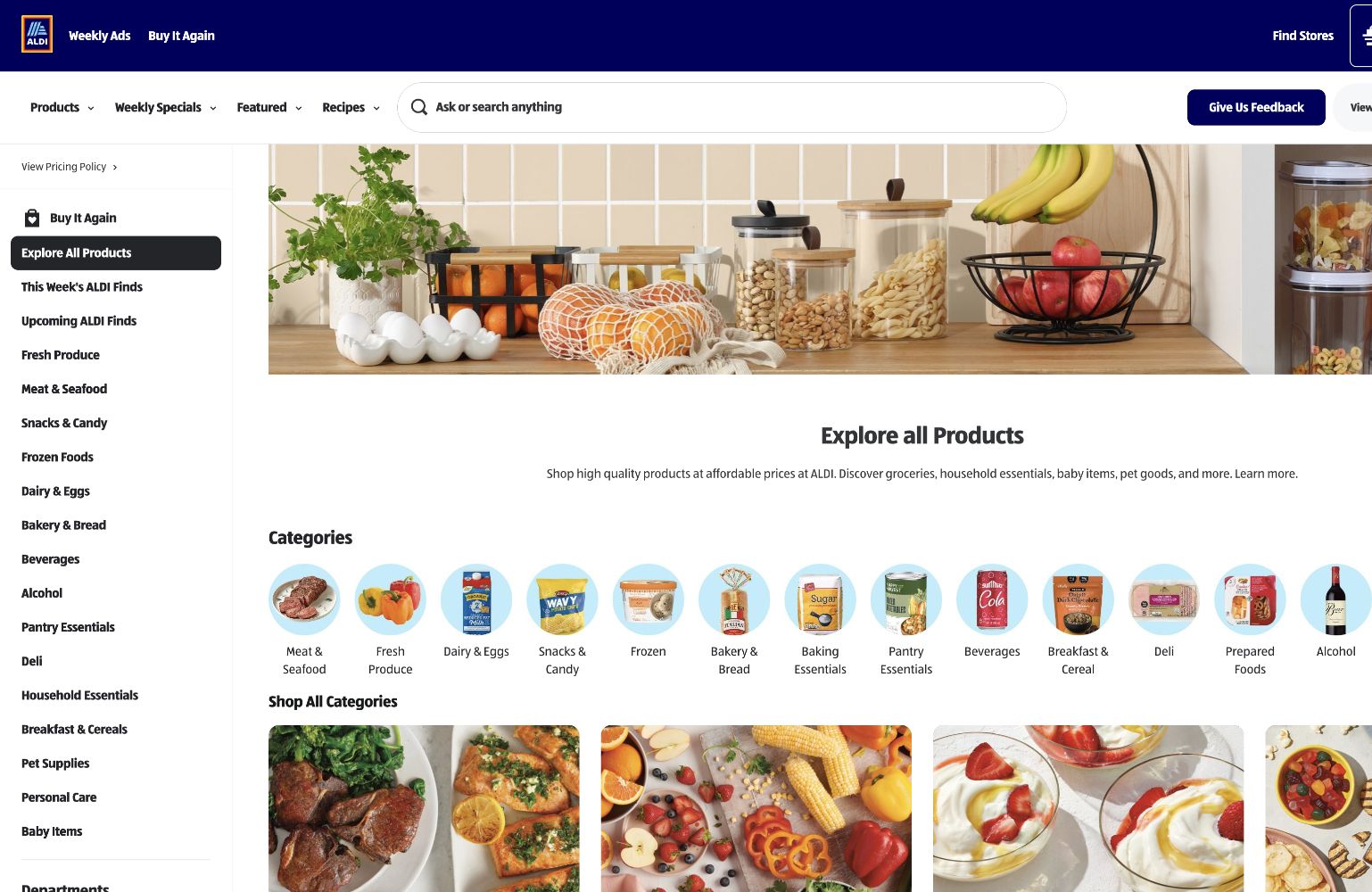 ALDI official product categories for grocery and household content planning