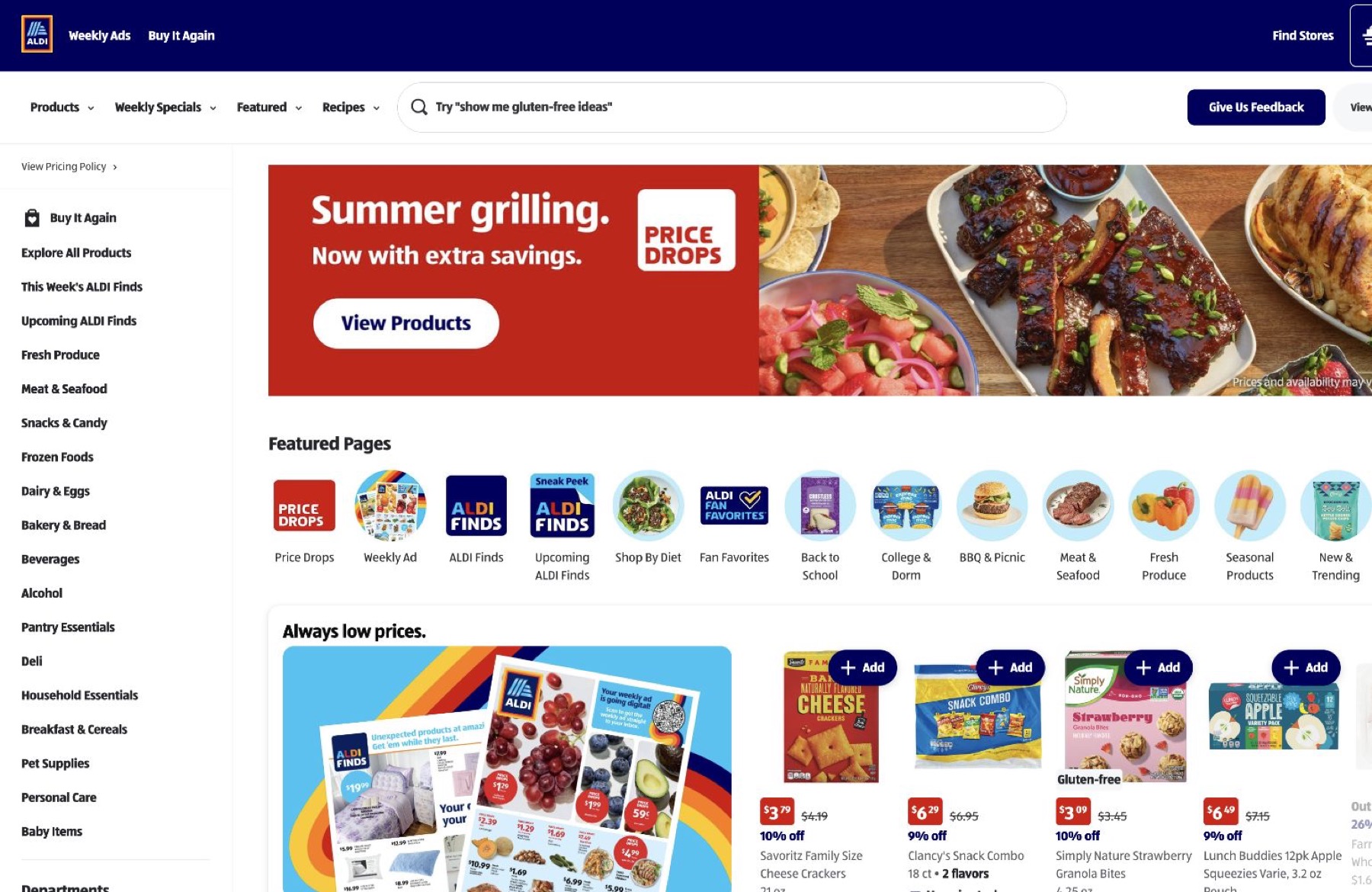 ALDI US official homepage showing weekly products and savings