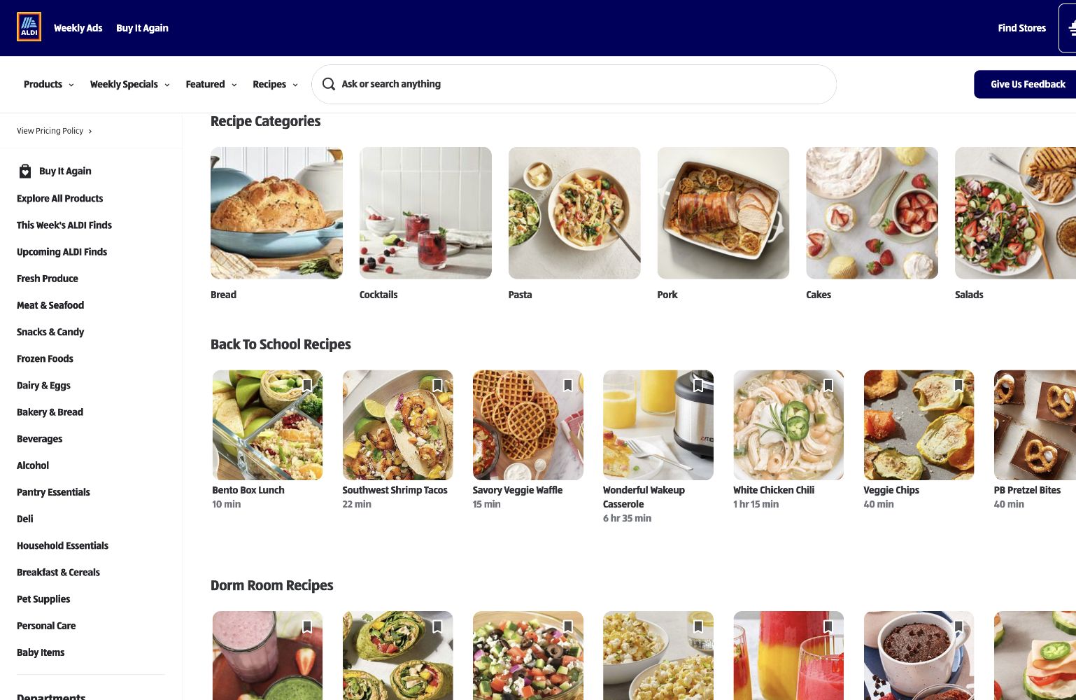 ALDI official recipe categories and meal ideas for creator content