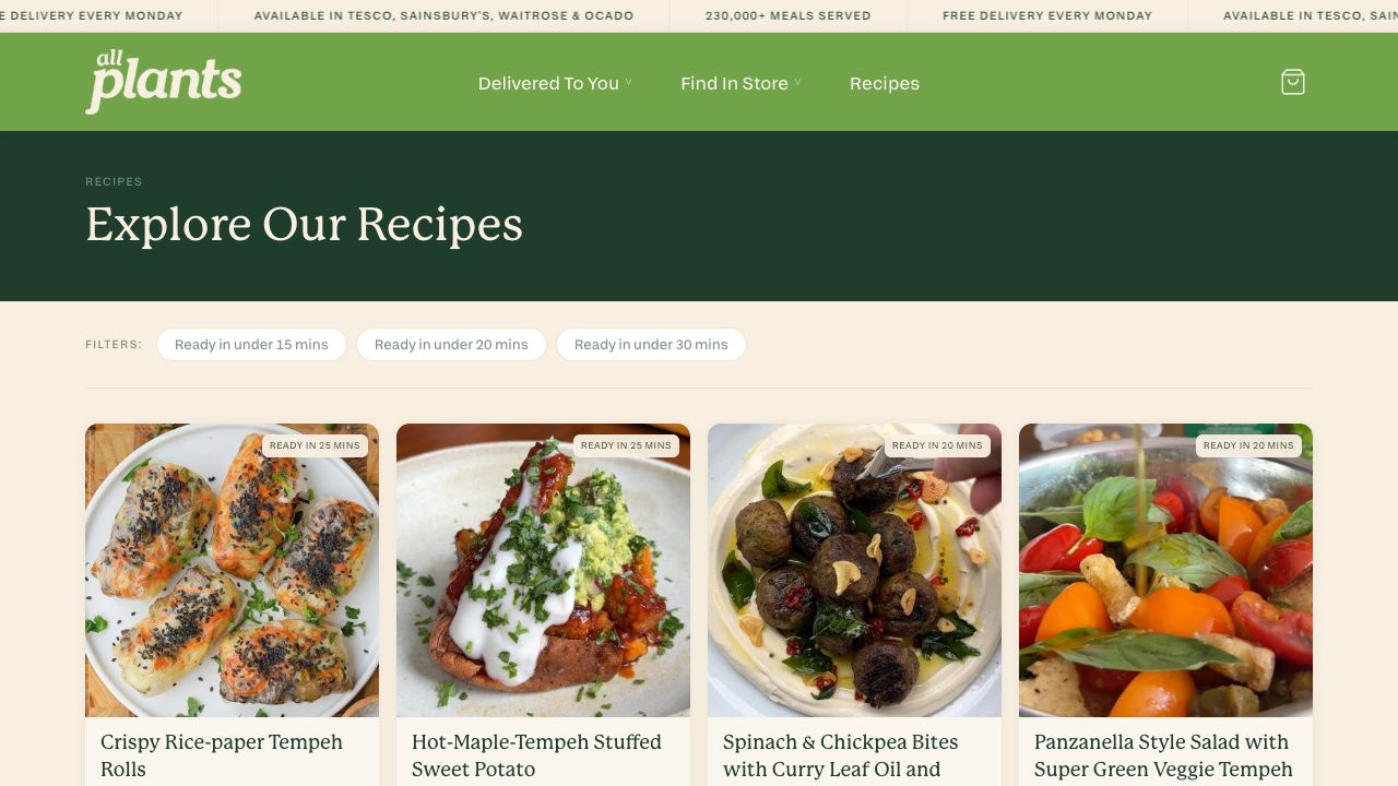 all plants official recipe page with quick plant-based meal inspiration