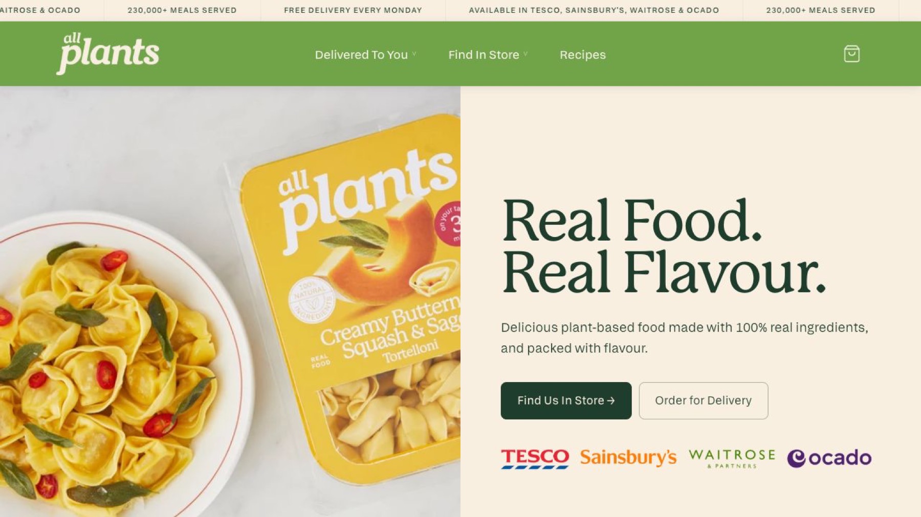 all plants official homepage presenting plant-based meals and delivery options