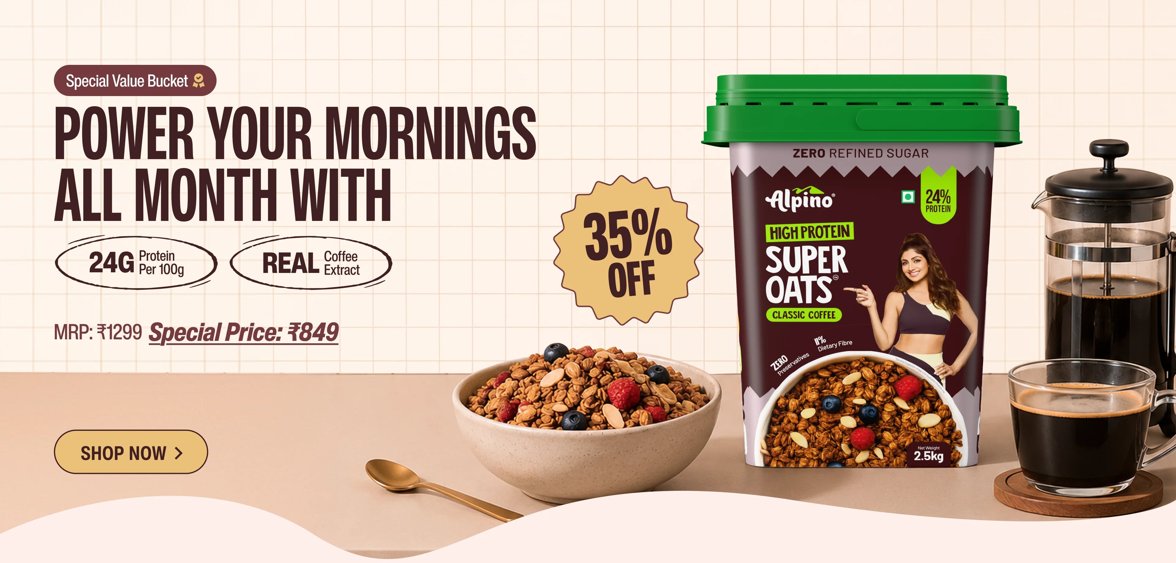 Alpino official banner featuring high-protein coffee oats