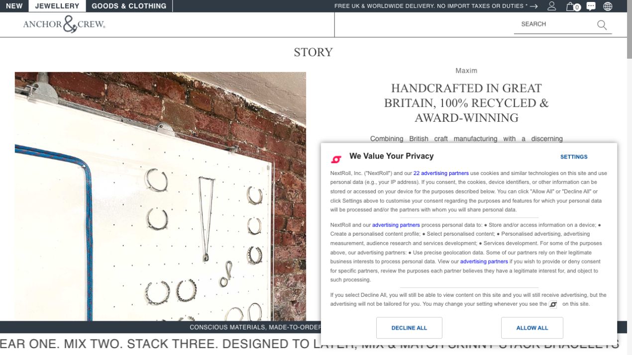 Anchor and Crew official brand story and material craftsmanship page
